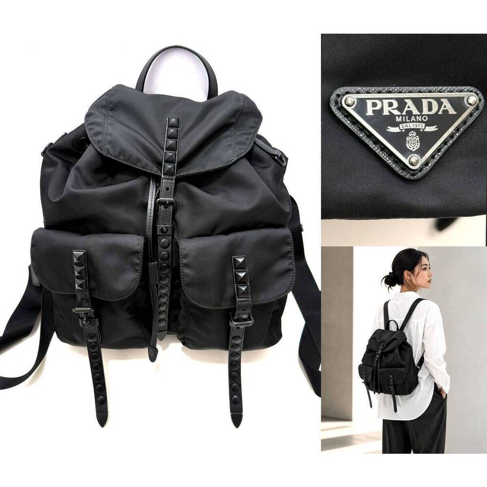Prada Pyramid Stud Saffiano Leather Backpack All Black